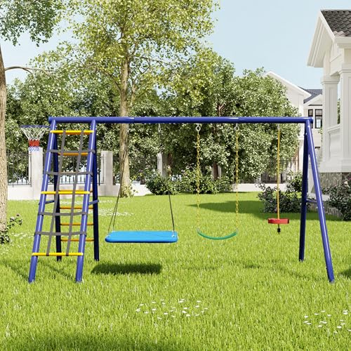 Gungställning för utomhusbruk – 3 gungor + klätterställning + basketkorg, gungkombination för utomhusbruk, hänggunga, bältesgunga, klätterrepgunga, ett paradis för utomhuslek