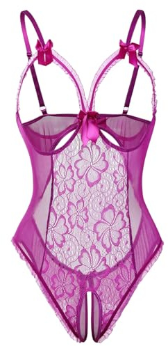 GIVTULIP Women Sexy 3 Pieces Lace Lingerie Mesh Babydoll Transparent Bodysuit V Neck Leotard Hollow Out Bodycon Summer Nightdress See Through Backless Underwear Nightwear with Silicone Nipple Covers