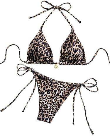 GORGLITTER Triangelbikini leopardmönster dam sexig halterneck bikini med leo tryck baddräkt brasiliansk stil badmode baddräkt, leopard, M
