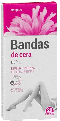 Bandas de cera especial piernas Deliplus piel sensible | Caja 20 bandas + 2 toallitas post-depilación para limpiar restos y calmar la piel