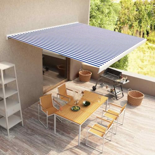 Mokuyary Motoriserad kassettmarkis 400 x 300 cm blå och vit, terrassmarkis, solskydd banner för uteplats, balkong, trädgård