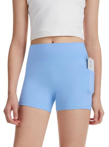 DOCUMO Girls Shorts with Pockets High Waisted Cycling Shorts Kids Active Sports Dance Gym PE Workout Running Short (Sky Blue,M)