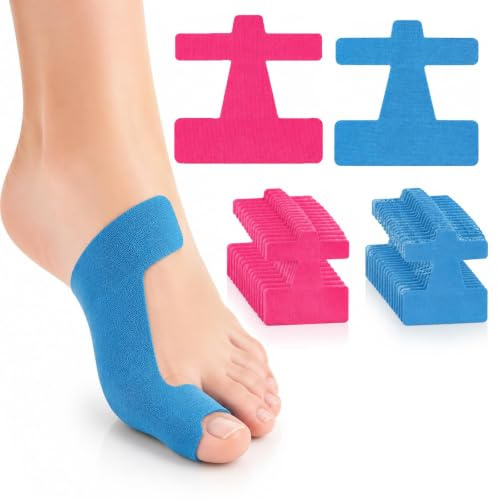Hallux Valgus tejpkorrigeringsset – 30 stycken förskurna kinesiologitejp för tår och fot, baltåkorrigering plåster, hudvänlig och extra tunn, 15 rosor 15 blå