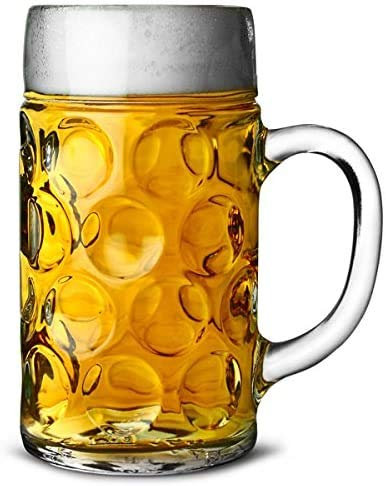 Chabrias Ltd German Beer Stein | 1 Litre / 2 Pint (44oz) Oktoberfest Beer Mug | Authentic Dimpled Glass Tankards | Made in Italy, Dishwasher Safe