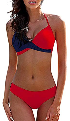 CheChury Femme Maillot de Bain 2 Pièces Push up Croix Dentelle Bikini Maillot de Bain VêTements De Sport Triangle Bikini de Plage,L,Rouge