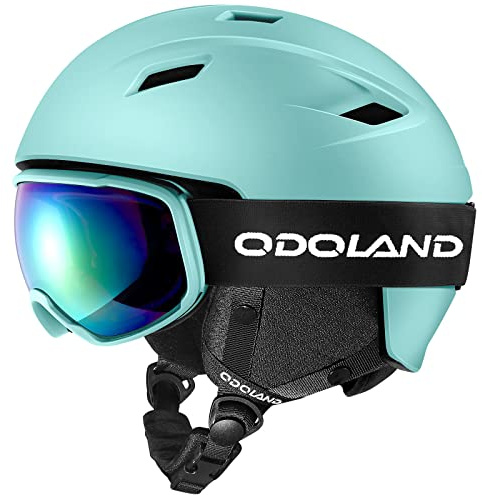 Odoland Kit de Casco Esquí con Gafas Esquí, Casco Snowboard para Hombres Mujeres Jóvenes, Protección UV 400 y a Prueba de Viento, Casco Deportivo para Esquí Snowboard y Patinaje, Cyan, S