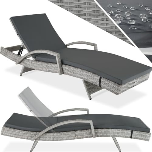 tectake® Polyrattan Sonnenliege, Gartenliege mit 5-Fach Verstellbarer Rückenlehne, wetterfest, Outdoor Relaxliege mit weicher Polsterauflage, Rattanliege für Garten, Balkon und Terrasse - hellgrau