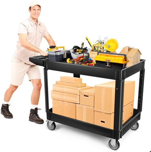 550lbs Heavy Duty Utility Cart on Wheels, Kalolary 2 Tier Extra Capacity Rolling Trolley Cart Multi-Purpose Large Service Cart with Handle Black Storage Organizer Mobile Tool for Warehouse