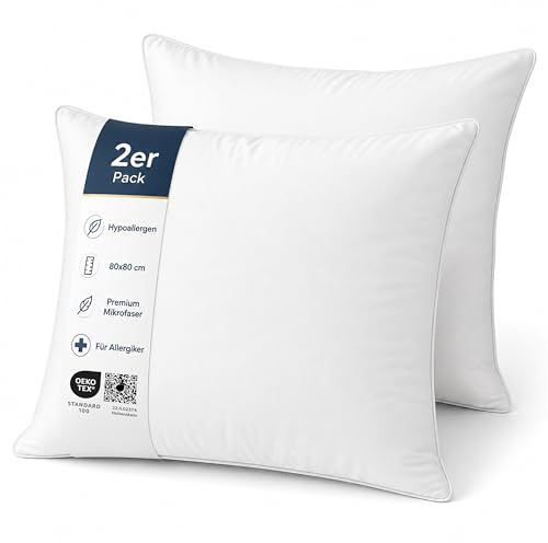 Schwar Textilien Kopfkissen 80x80 cm 2er Set - Antiallergisch & atmungsaktiv - Premium Mikrofaser Kissen mit Pinsonic-Veredelung - Öko-Tex 100 Zertifiziert - 700g Füllung & waschbar bei 40°C