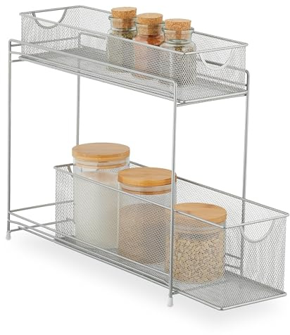 Relaxdays Küchenschrank Organizer, ausziehbares Unterschrank Regal, 2 Schubladen, Metall, HBT: 40 x 15 x 46 cm, Silber