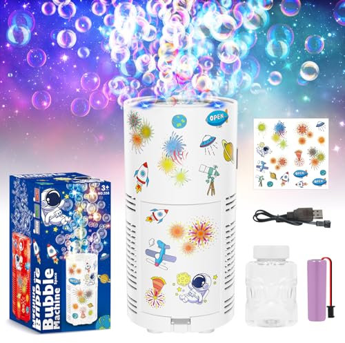 PANACARE Bubble Machine for Kids Fireworks Bubble Blower 10000+ Bubble per Min/Lights/DIY Stickers/rechargeable battery/80ml solution Automatic Bubble Toy for Kids Summer Outdoor Party Wedding