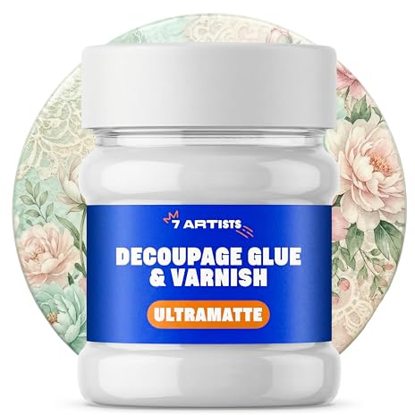 7 Artists Colla e Vernice per Decoupage Opaca Ultra 230ml – Colla per Decoupage Trasparente | Fissativo & Finitura Protettiva per Legno, Ceramica, Vetro, Mobili Decorati con Carta di Riso, Tovaglioli