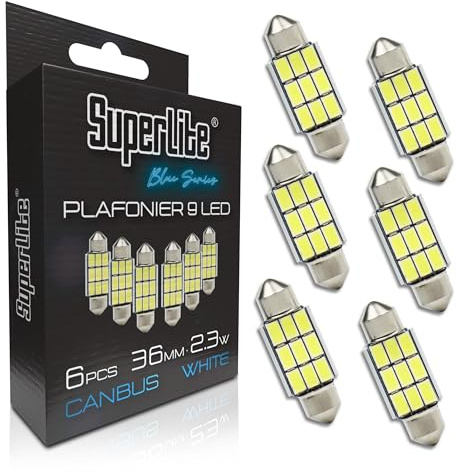 Superlite Set di 6 lampadine da soffitto a 9 Leds, 36 mm 2,3W della gamma Blue Series. Tecnologia CanBus a luce bianca. Ideale per auto e camion.