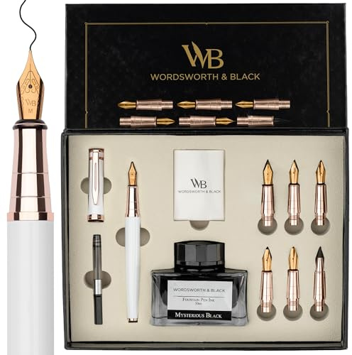 Wordsworth & Black Calligraphy Pen Gift Set, Includes Ink Bottle, 6 Ink Cartridges, A Refill Converter, 6 Replacement Nibs, Journaling, Smooth Writing Pens [White Rose Gold]