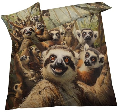 YELDAN Lemur Bettwäsche 135x200 2 teilig, Tier Wald Bettwäsche Sets, Weich & Warm Mikrofaser Raumdekoration Bettbezug und 1 Kissenbezug 80x80 mit Umschlag, Für Kinder und Erwachsene.