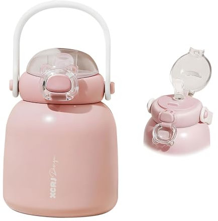 Isolerad vattenflaska för barn med sugrör, söt vattenflaska med handtag, BPA-fri dricksflaska i rostfritt stål, lätt att bära, för skola, rosa