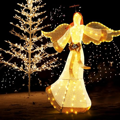 GOPLUS Ángel de Navidad Exterior de160 cm, Ángel Danzantes Iluminado con 180 Luces LED Blanca Cálida, Halo y Lazo, Bridas y Estacas de Tierra, Decoración Navidad Interior para Jardín Patio Fiesta