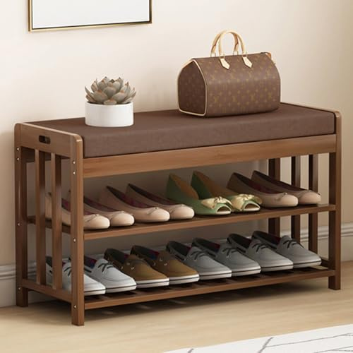 Banc à Chaussures en Bois avec Coussin Épais Siège Rembourré 2 Étages Tabouret à Langer Rétro avec Couche en Grille pour Entrée Couloir Porte D'Entrée 80x27x45cm