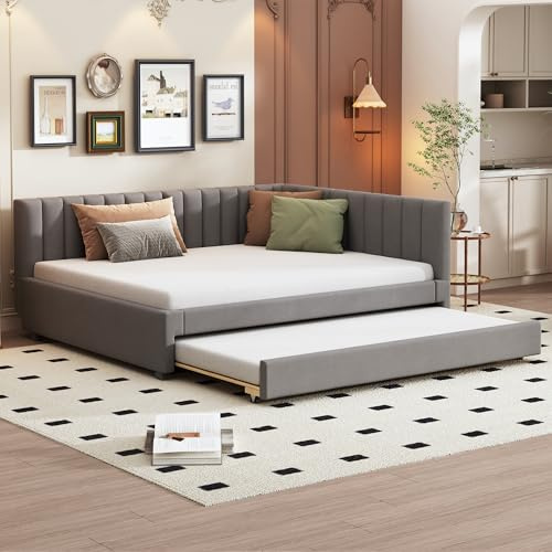 Zravenna Polsterbett 140x200, Ausziehbares Schlafsofa,Sofabett, Multifunktionsbett mit Lattenrost, Jugendbetten Kinderbetten Gästebetten, Zwei betten, Schlafcouch, Funktionsbett Beige (Grau-140)