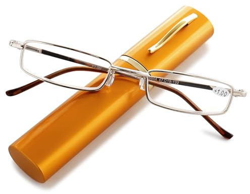 ABETOS Damer smala läsglasögon män mini små blåljusfilter ultralätt metallglasögon läsglasögon fjädergångjärn läshjälp med fodral, Guld, 1.75
