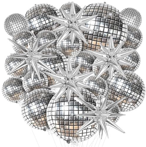 Disco Ball Balloons, Disco Ball Decorations, 25 Pcs 4D Large Foil Balloons for 70s 80s 90s Party Decoration, Disco Balloon for Birthdays, Dance Bachelorette, Graduation