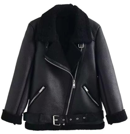Giacca da donna in pelle invernale in finta pelliccia corta giacca da motociclista con risvolto cerniera bomber aviatore cappotto, Nero 1A1, M