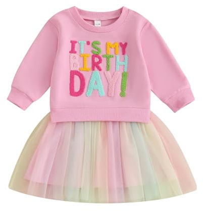 MAHUAOYIXI Toddler Girls Birthday Dress Long Sleeve Letter Embroidery Tulle Tutu Skirt Layered Tiered Puffy Hem A-Line Princess Dress Sweatshirt Pullover Baby Girl Birthday Outfits (Pink, 3-4 Years)