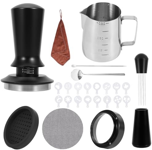 Juego de Prensador de Café, 51 mm, 25 Piezas con Anillo Dosificador, Pantalla Puck, Jarra Espuma, Alfombrilla, Bolígrafo Arte Latte, Herramienta WDT y Agitador para Espresso