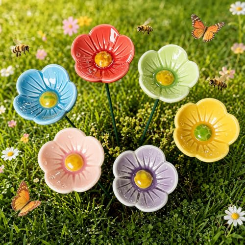 6 st. keramiska blommor för bin För trädgården, insektdränka Binbar Vattendränka Med kontakt Kreativ blomma Trädgårdsstake Trädgårdspresent Foderskål För honung, utomhus, gård, terrass (6 st.)