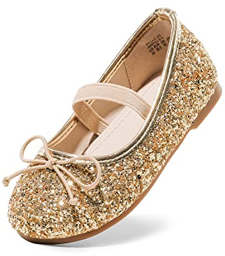 DREAM PAIRS Girls Flat Shoes Glitter Bow Party Wedding Flower Sparkly Ballet Flats,Gold Size 8 UK Child