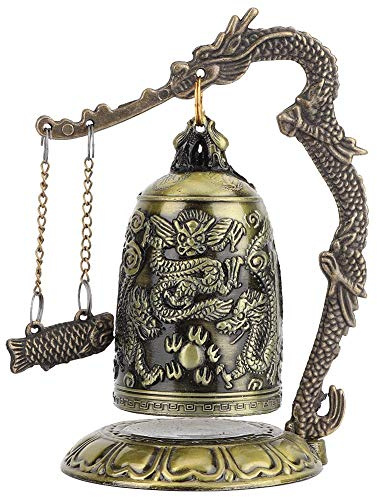 Antique Bronze Dragon Bell, Hand-Carved Small Decorative Bell Feng Shui Decor Chinese Vintage Desk Ornament for Home Office Collector