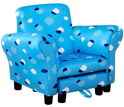 HOMCOM Toddler Chair Children's Armchairs Wood Frame w/Footrest Anti-Slip Legs High Back Arms for Bedroom Playroom Cute Cloud Star Blue