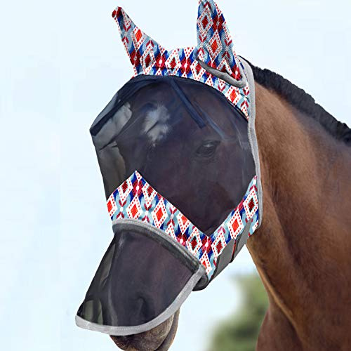 Harrison Howard LumiVista Horse Fly Mask Long Nose with Ears UV Protection for Horse-Tribal Rhombus Full Size