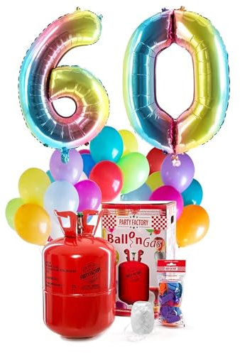 Party Factory Helium Geburtstags-Komplettset 60, mit XXL Zahlenballons, 0,4m³ Ballongas, Ballonschnur & 30 bunten Latexballons - für Geburtstag, Jubiläum, Jahrestag - versch. Farben (Regenbogen)