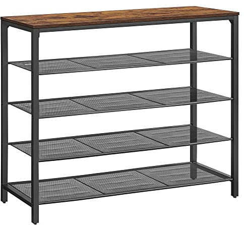 VASAGLE Schuhregal, Schuhablage mit 4 Gitterebenen und großzügiger Oberfläche für Taschen, für den Eingangsbereich, Flur, Metall, Industrie-Design, vintagebraun-schwarz LBS205B01