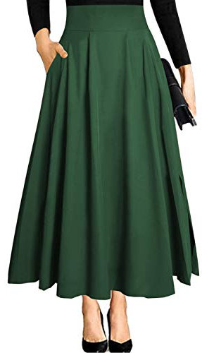 Dunkelgrün Maxirock Rock Festival Outfit Damen mit Schlitz Taschenmidi Hohem Bund Lange Midi Plissee a Linien Strand Faltenrock Plisseerock Sommerrock Leicht Strandrock Hochzeit XL