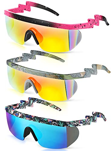 Frienda 3 Pairs Neon Retro Semi Rimless Sunglasses 80s 90s Zigzag Sunglasses Lens Rainbow Sunglasses for Men Women (Cool Color)