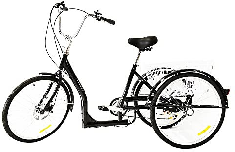 LENJKYYO Trehjuling för vuxna, 3-hjuls cykel trehjuling vuxna 26 tum 6 hastighet med korg 3 hjul trehjuling cruise bike med sadel för vuxna cykel Rikscha tricycle