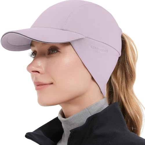 GADIEMKENSD Winter Fleece Hats Reflective Ponytail Hat for Women Baseball Caps with Earflap Drop Down Ear Warmer Mens Skull Cap Beanie with Visor Cold Hat for Outdoor Hiking Running Snow Ski Purple