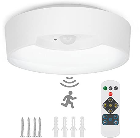 kieyeeno LED Deckenleuchte mit Bewegungsmelder, 6500K Deckenleuchte für Innen Batteriebetriebene, IP54 Wasserfest Badlampe Rund mit Fernbedienung und 3 Licht Modus Deckenlampen für Flur Treppe Eingang
