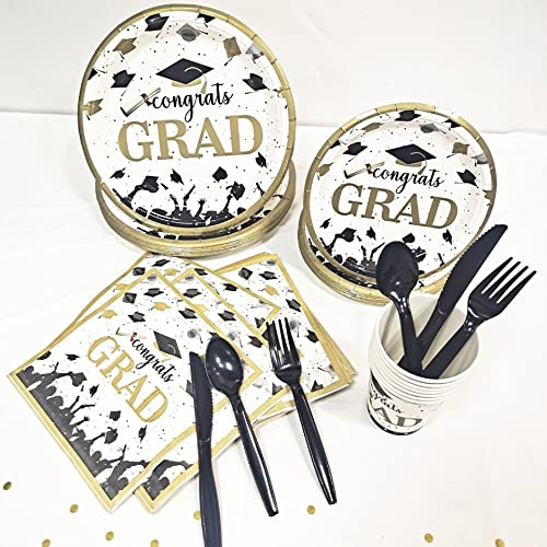 ANXTO 280 Pcs Graduation Party Plates Cups and Napkins 2023 Graduation Party Supplies Disposable Paper Plates Tableware for Congrats Grad Party Decorations, Serve 40 (white black gold)