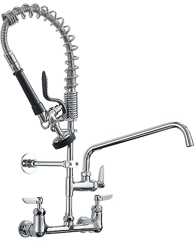 Fapully Commercial Kitchen Faucet,Wall Mount Kitchen Sink Faucet with Pre-Rinse Pull Down Sprayer,25‘’ Height 8'' Center 3 Compartment Sink Faucets with 12.2'' Swing Spout Chrome