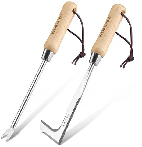 WORKPRO 2 Pièces Desherbeur Manuel, Couteau Désherbeur, Désherbeur Manuel en Acier Inoxydable avec Poignée Bois, Arrache Mauvaise Herbe, Outil Désherbage pour Jardin