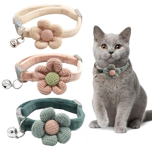 Ruzister 3er-Pack Katzenhalsbänder mit Blumen – Katzenhalsbänder mit Glöckchen, verstellbare Blumen-Fliege-Halsbänder für Jungen und Mädchen, süßes Halsband-Zubehör