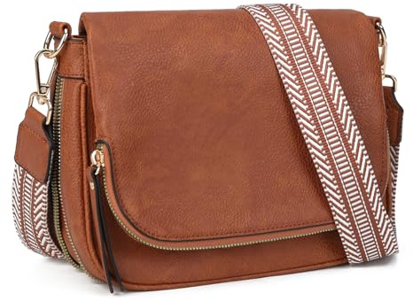 GLITZALL Petit sac à bandoulière pour femme en cuir synthétique avec rabat et poches multiples, Sangle de guitare marron