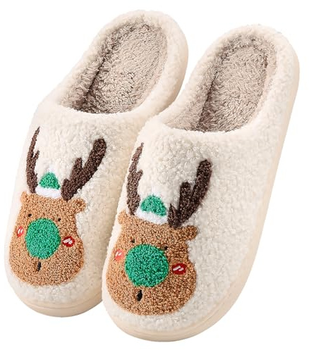 Xnova Pantofole Peluche Donna Natalizie Invernali, Calde Antiscivolo Ciabatte Pelose Divertenti con Suola in Gomma, Leggero Comode Pantofole Scarpe Natale Animale Alce Slippers Casa