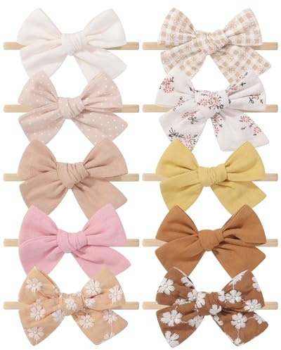 10PCS Baby Girls Headbands Hair Bows Nylon Linen Hairbands Handmade Hair Accessories for Newborn Infant Toddlers Little Girl and Kids 3.5Inches