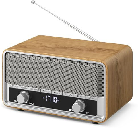 Retro AM FM Radio with Digital Wall Plug for Bedroom with LCD Display, 40 Presets, Sleep Timer, Retro Bluetooth Speaker for Office, Great Wooden Gift