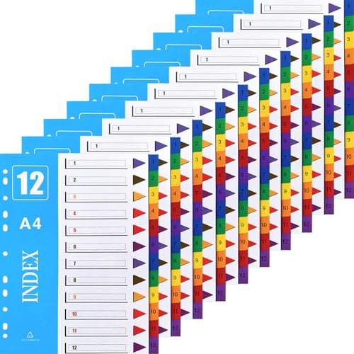 File Dividers A4 【10 Pack】 1-12 Part Dividers Multi Colours Index Folder Subject Dividers for Ring Binders & Lever Arch Files with Writable Coloured Index Tabs for School Office Organization