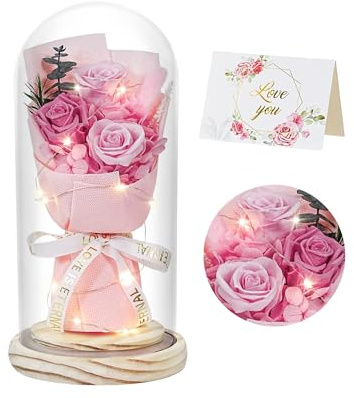 HVY Flowers Gifts for Her Mom Women Preserved Forever Fresh Flowers Bouquet with Blue and White Roses in Glass Dome Suitable for All Occasions Valentines Mothers Day Anniversary Thanksgiving Birthday